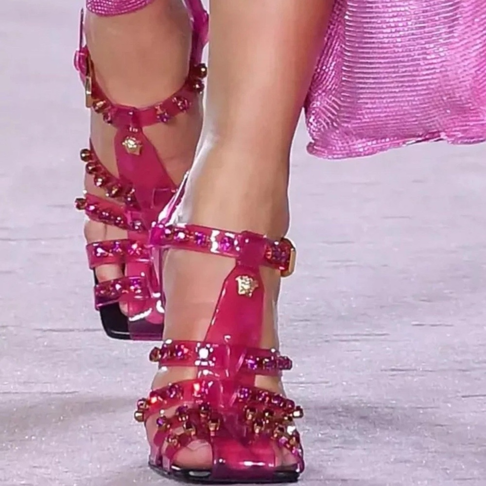 VERSACE RUNWAY Pink Jelly Gold MEDUSA CAGE High Heel SANDALS Sz 37 ($2300) Sz 7